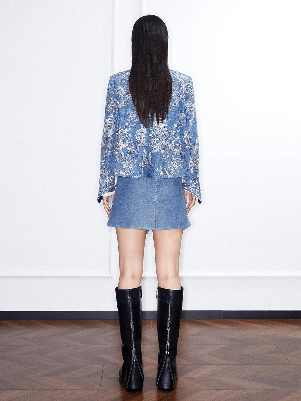 MUKZIN Linglong“Denim Series”Heavy Embellished Sequin Embroidery Asymmetrical Denim Skirt