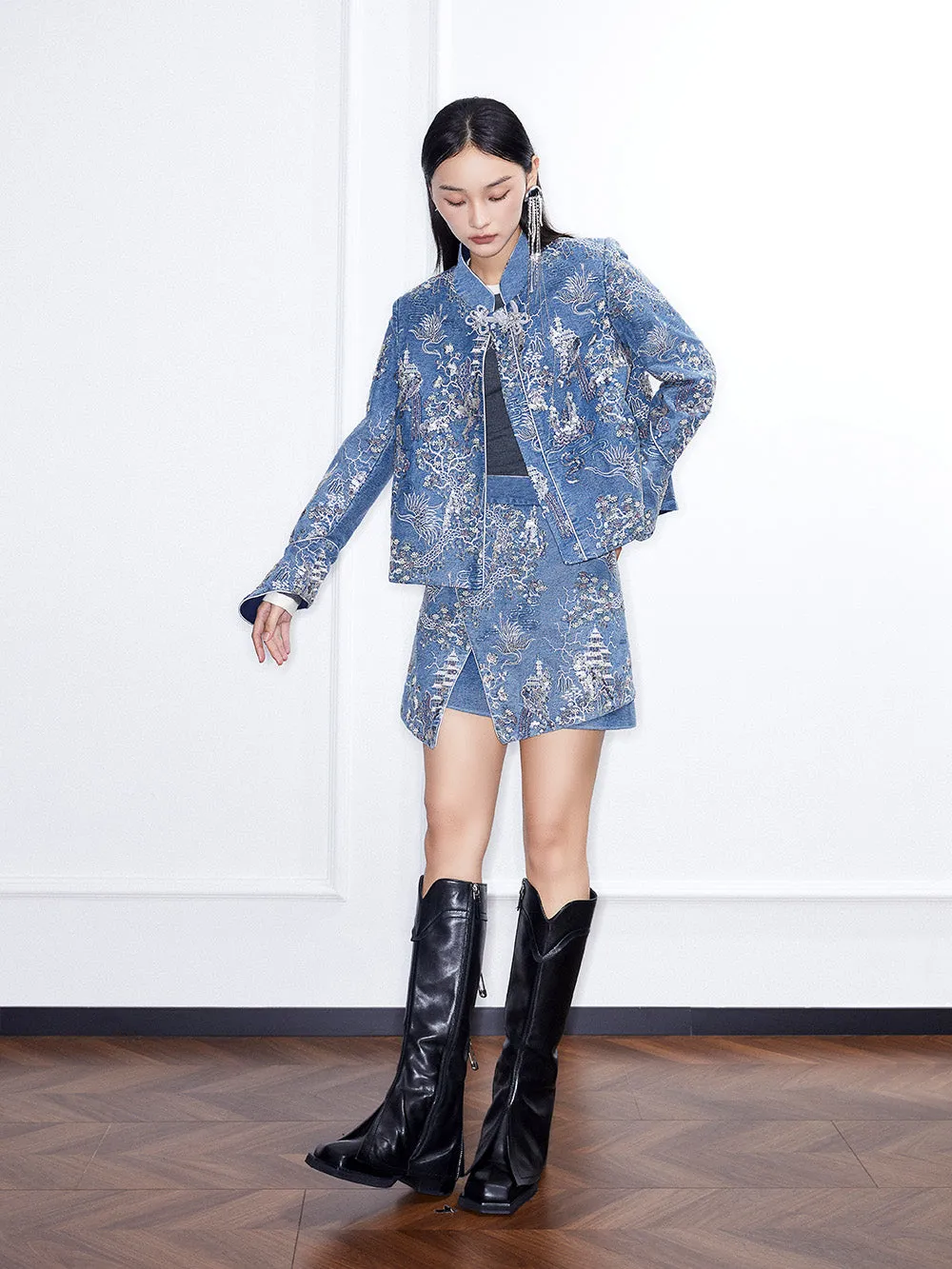 MUKZIN Linglong“Denim Series”Heavy Embellished Sequin Embroidery Asymmetrical Denim Skirt