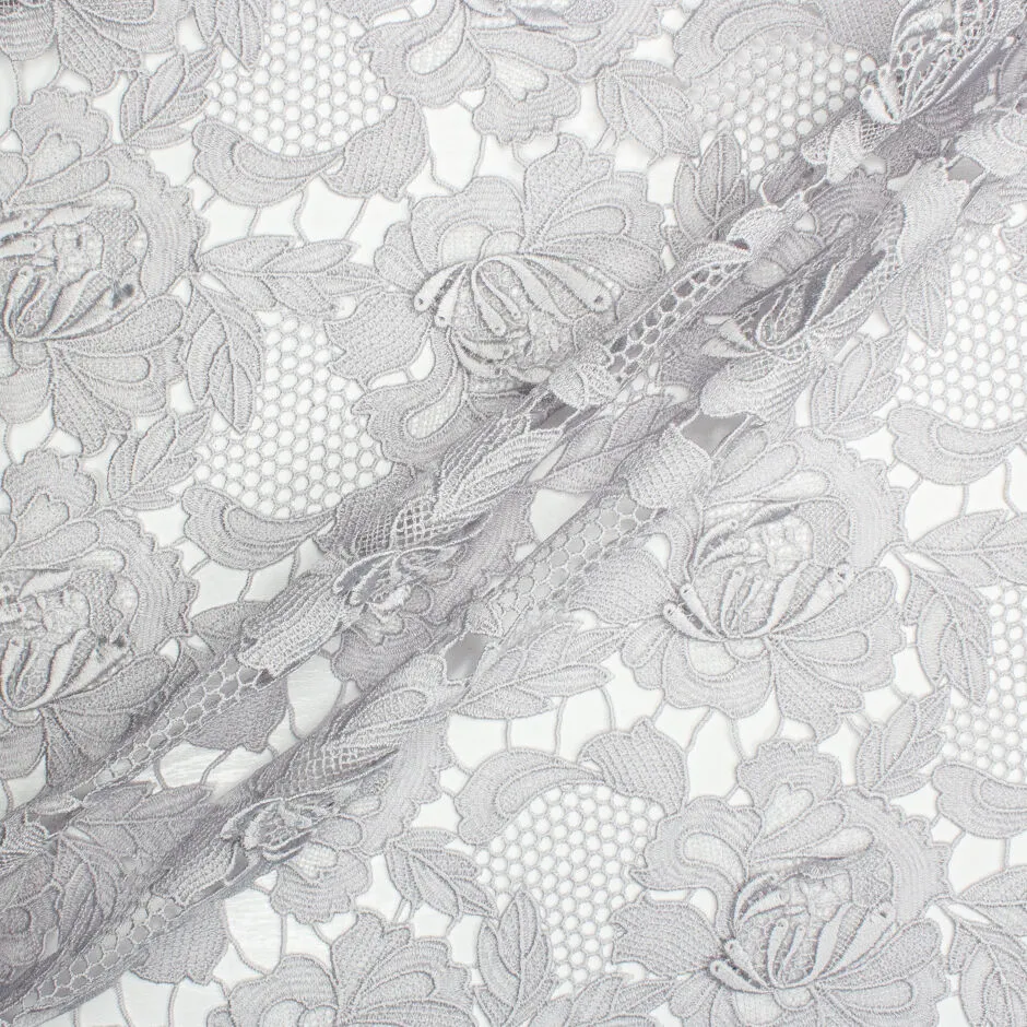 Pale Grey 3D Floral Embroidered Guipure Lace