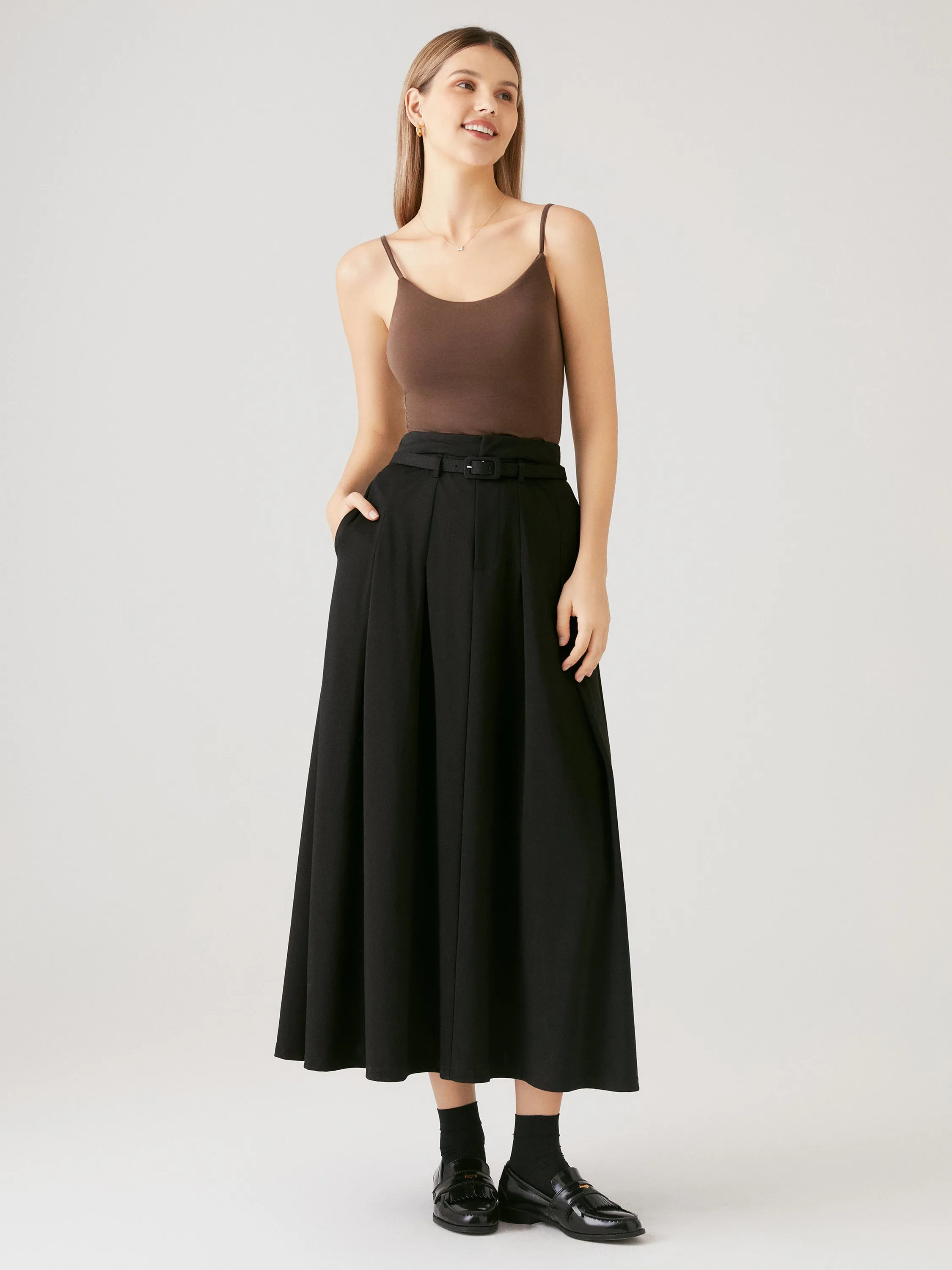 Pin-Tuck Midi Skirt with Belt