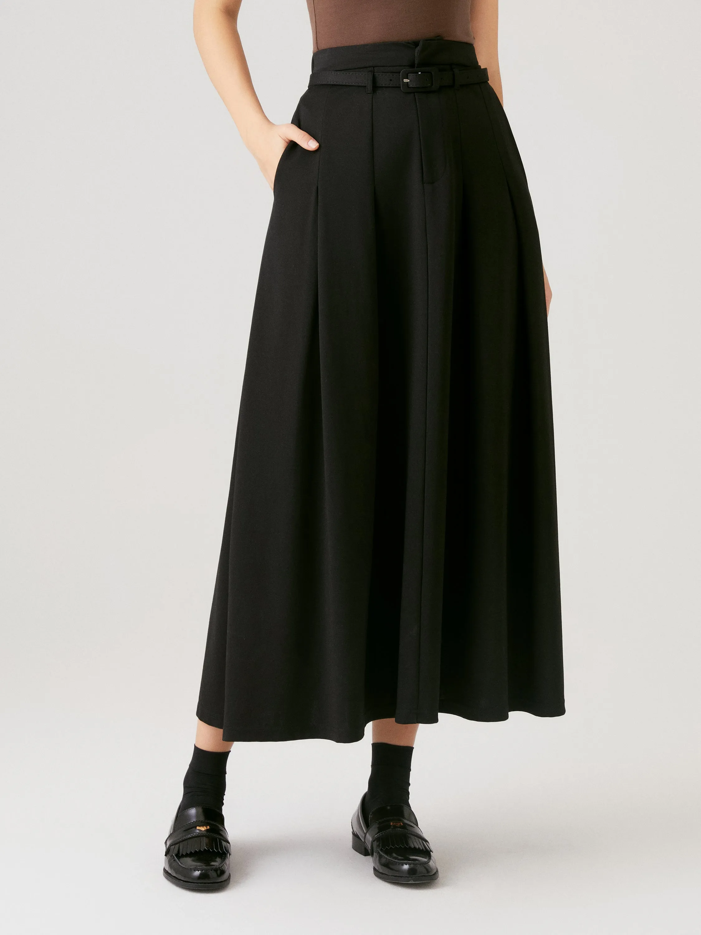 Pin-Tuck Midi Skirt with Belt