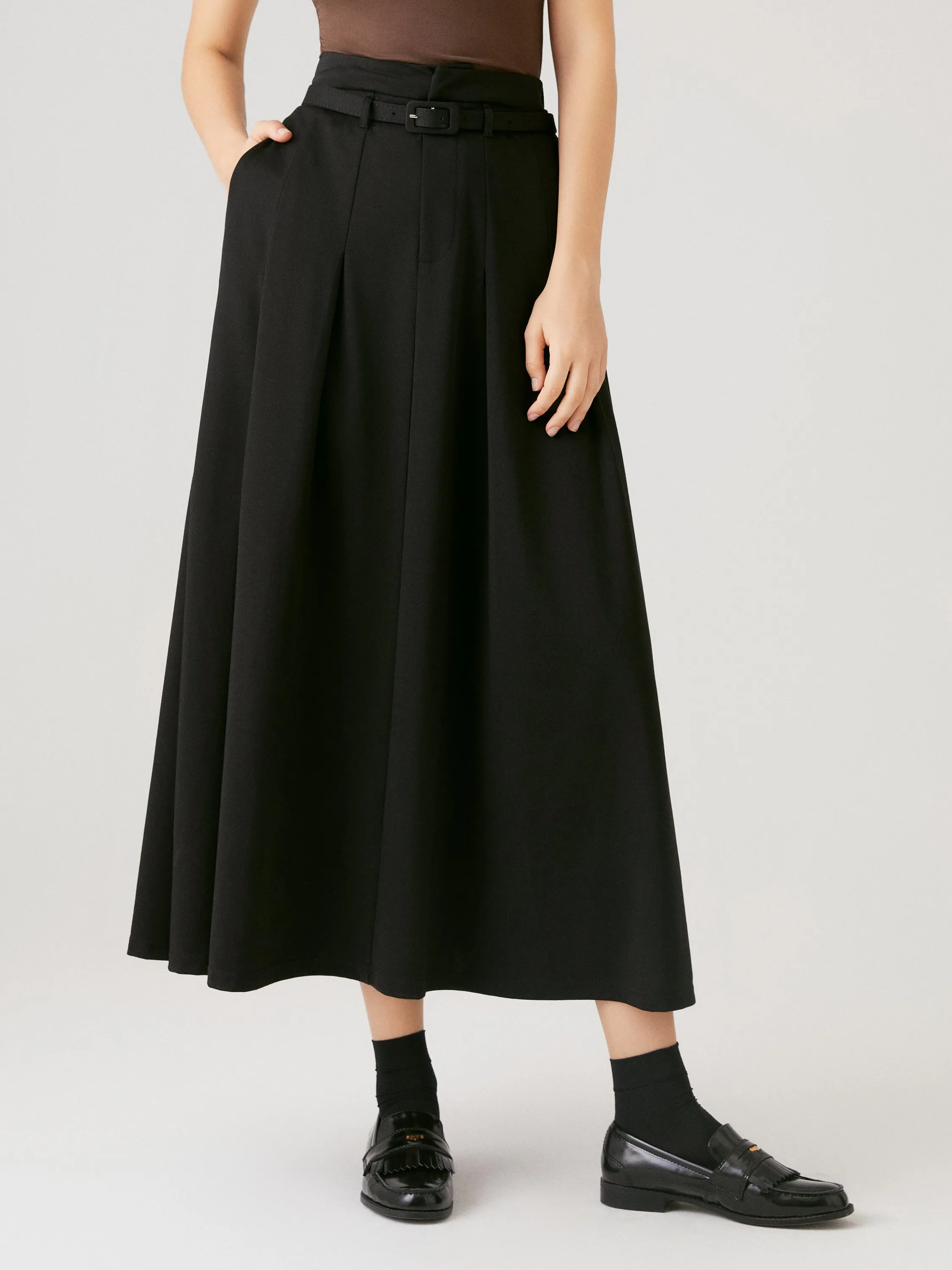 Pin-Tuck Midi Skirt with Belt