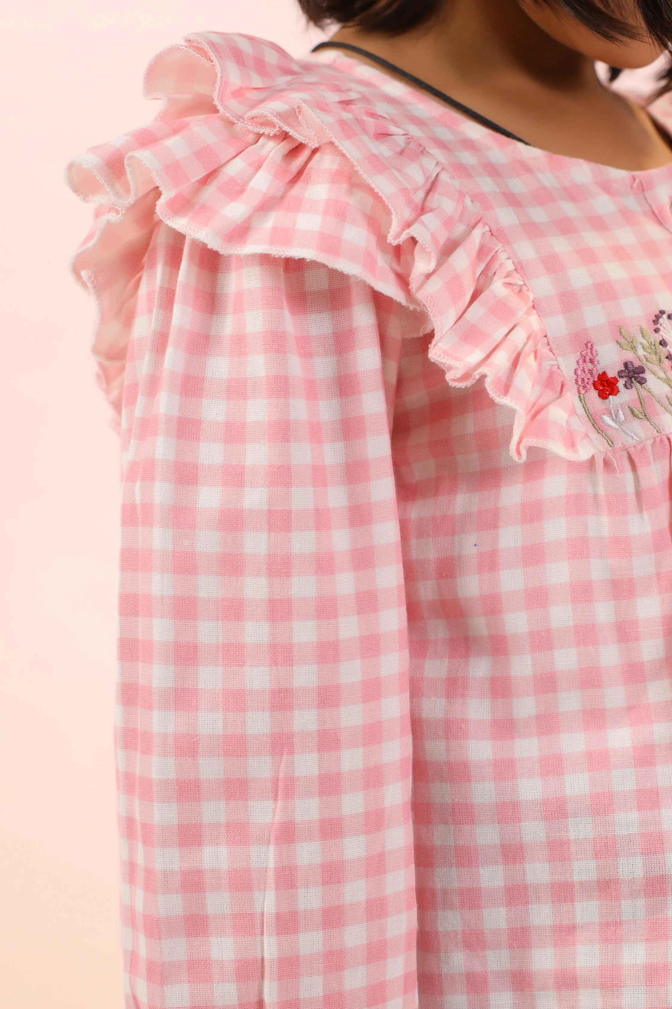 Pink Check Embroidery Shirt