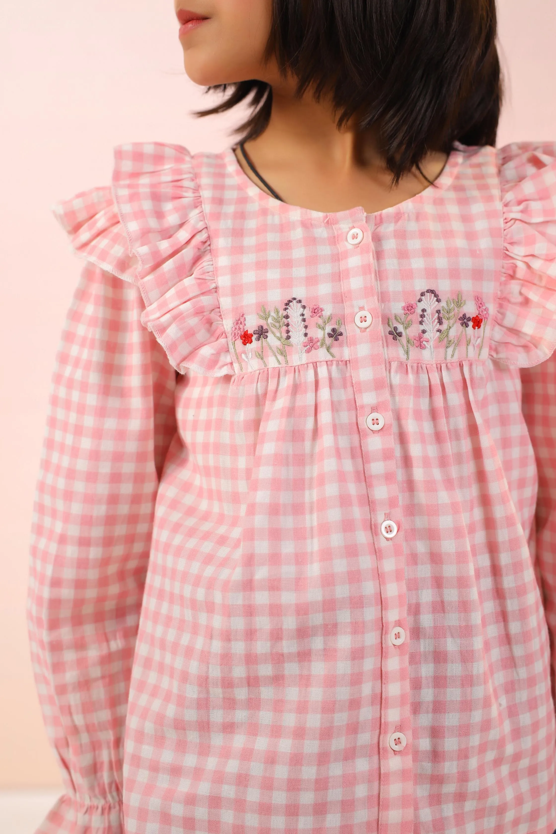 Pink Check Embroidery Shirt