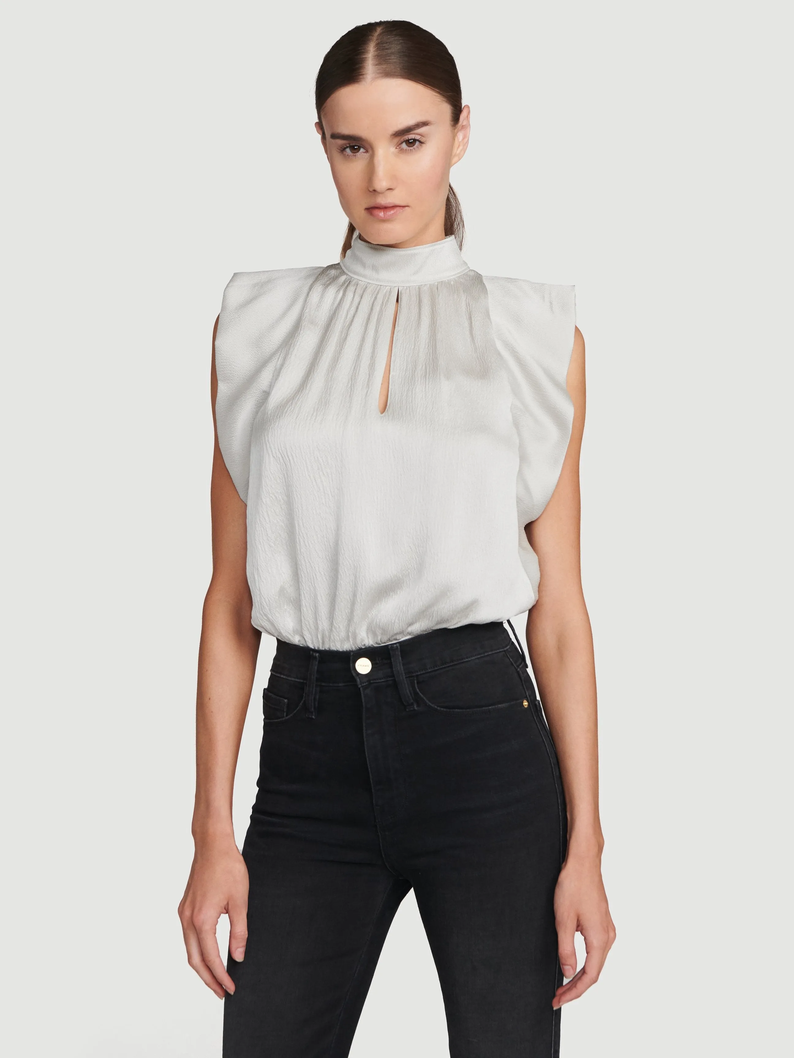 Pleat Silk Sleeveless Top -- Smoke