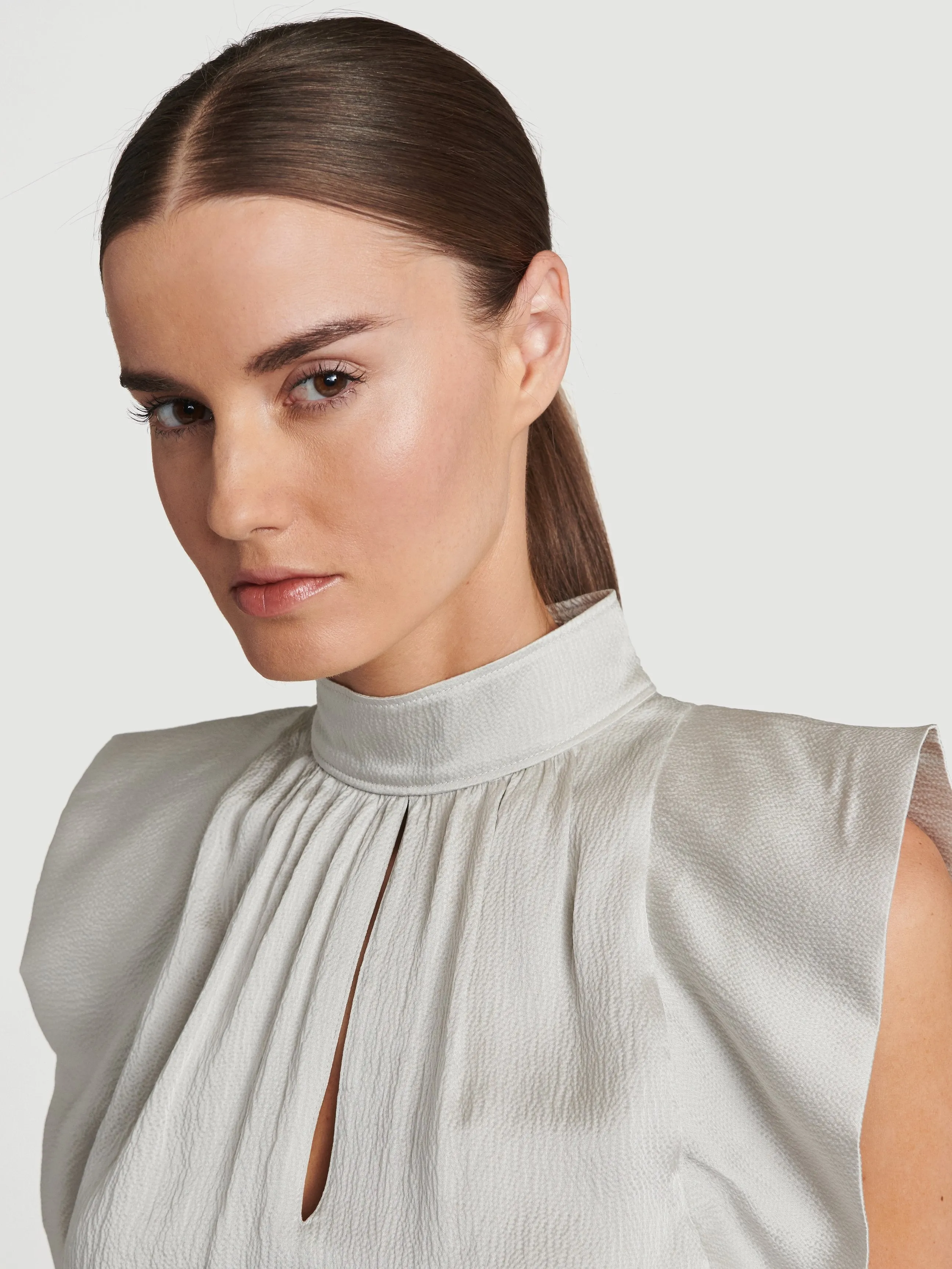 Pleat Silk Sleeveless Top -- Smoke