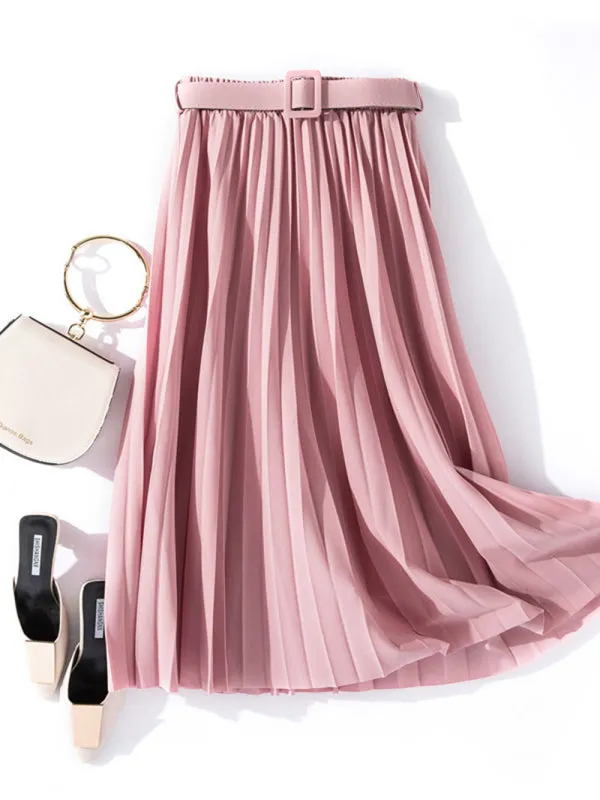 Pleated Skirt Mid-length High Belt Versatile A-Line Skirt