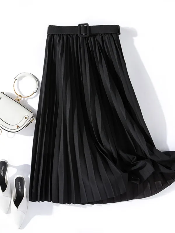 Pleated Skirt Mid-length High Belt Versatile A-Line Skirt