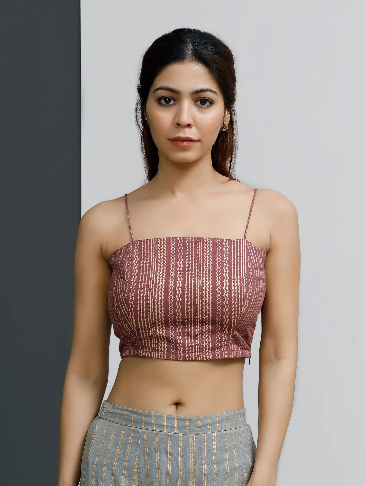 Plum Block-Printed Strappy Bustier Crop Top