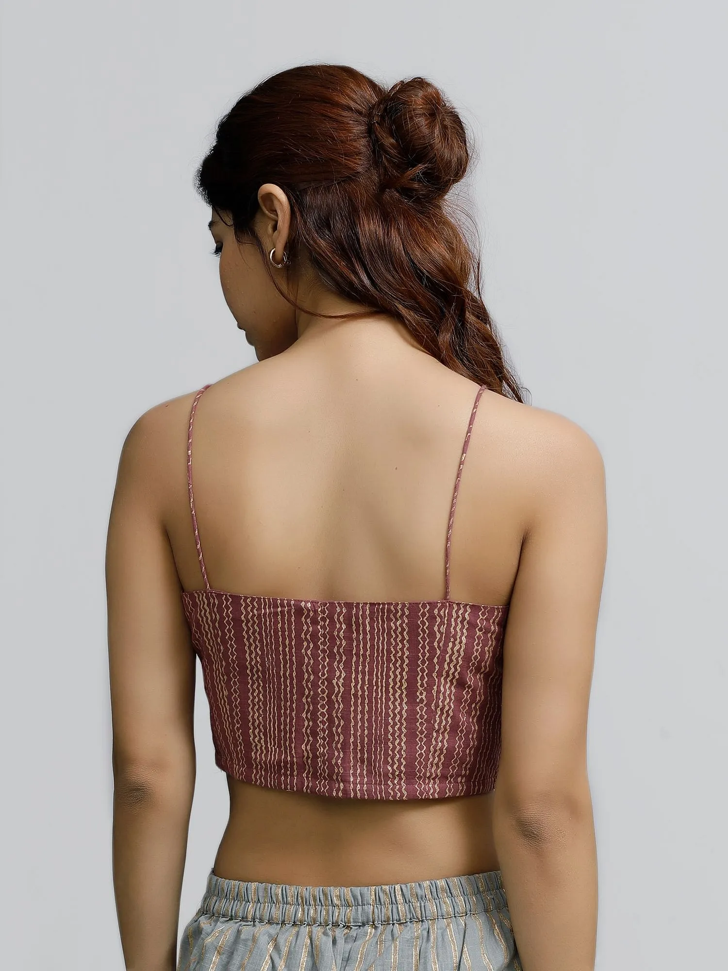 Plum Block-Printed Strappy Bustier Crop Top