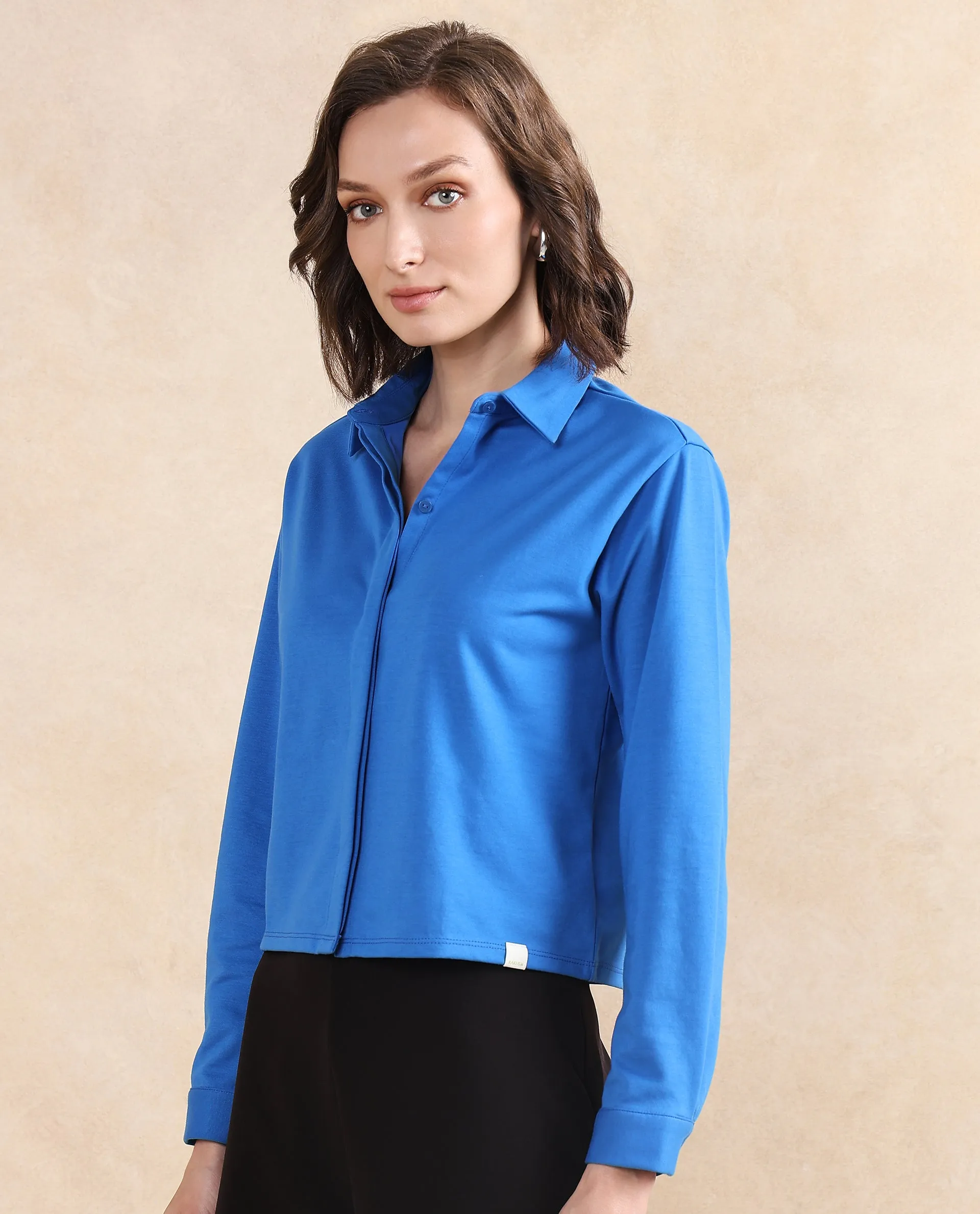 Rareism Women Ellery Blue Cotton Blend Fabric Full Sleeve Collared Neck Button Closure Plain Shirt