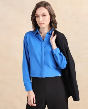 Rareism Women Ellery Blue Cotton Blend Fabric Full Sleeve Collared Neck Button Closure Plain Shirt