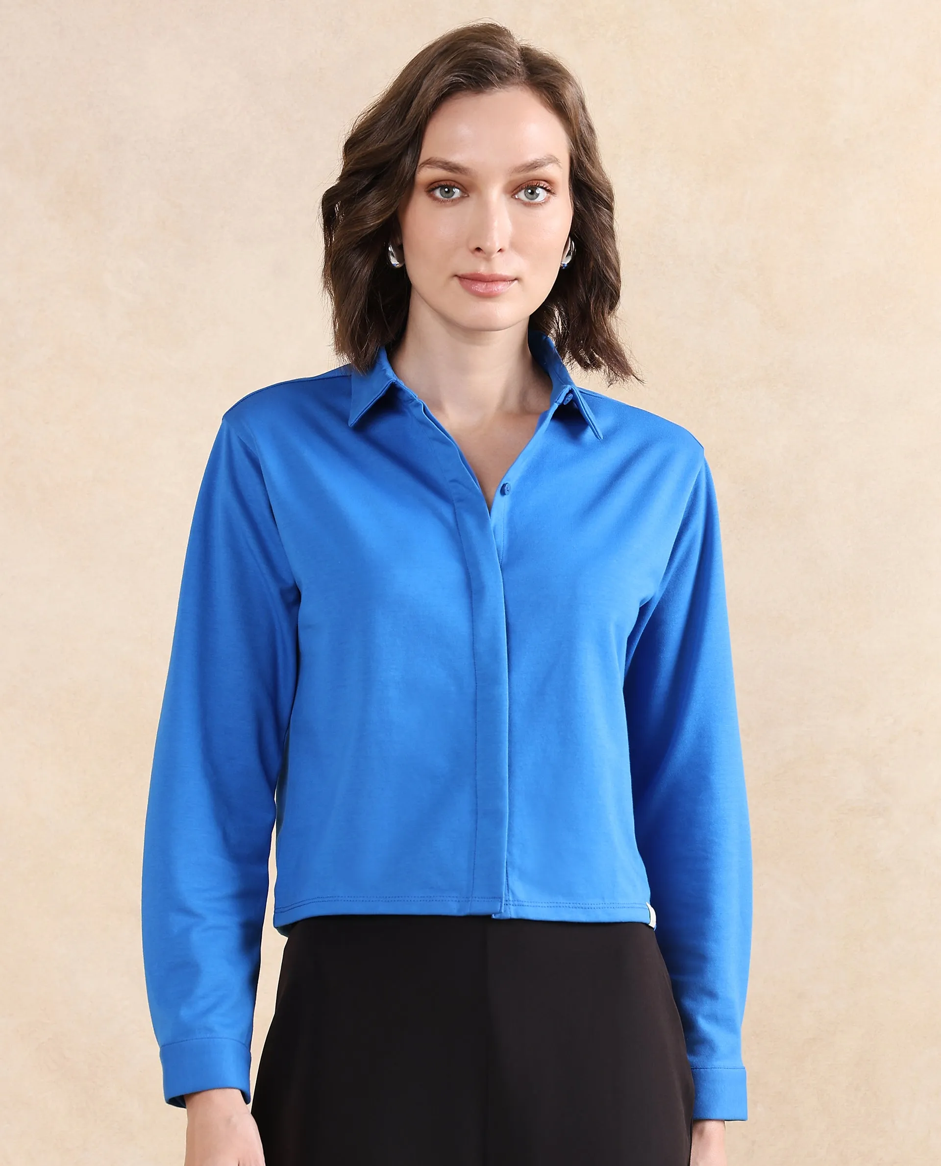 Rareism Women Ellery Blue Cotton Blend Fabric Full Sleeve Collared Neck Button Closure Plain Shirt