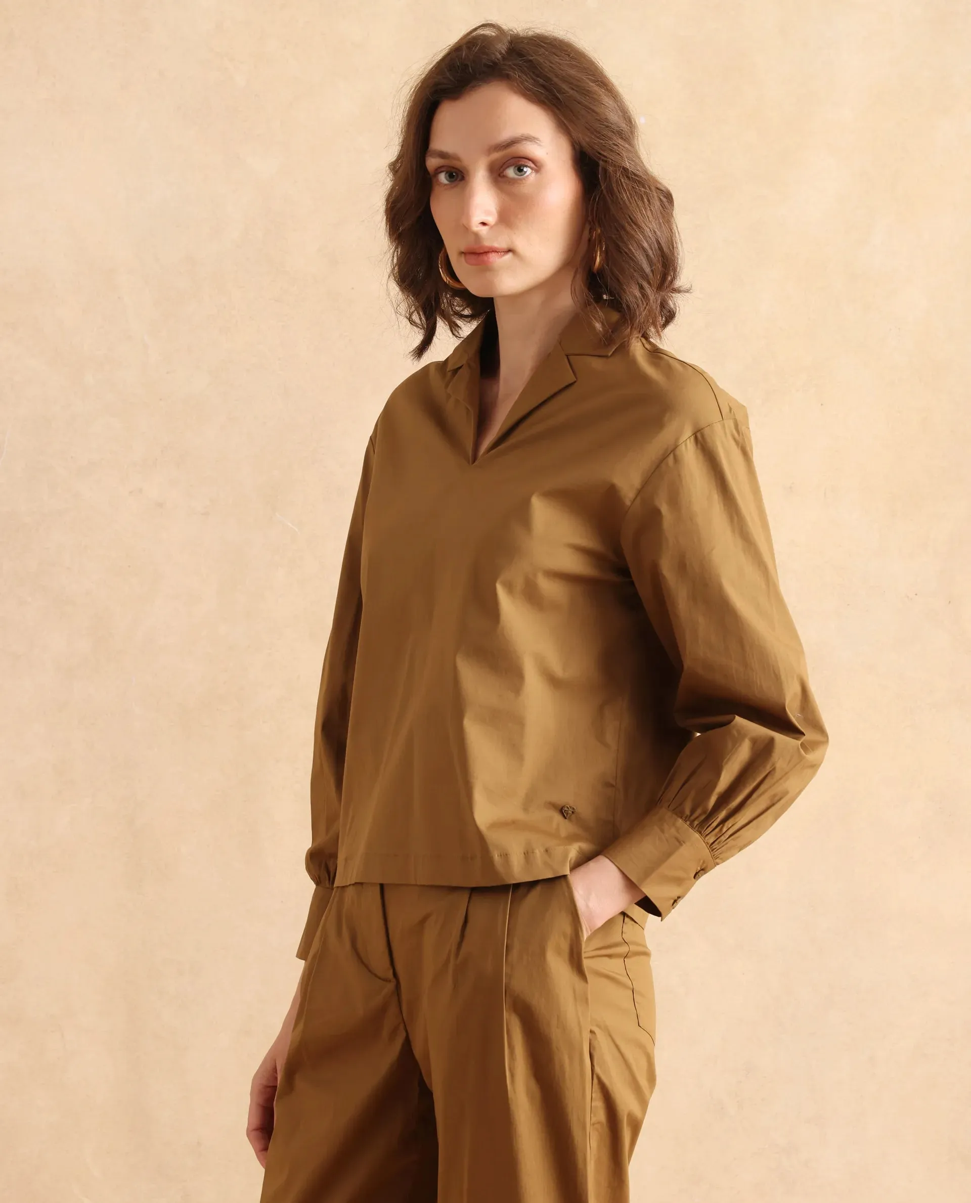 Rareism Women Uono Light Brown Cotton Blend Fabric Cuffed Sleeve Lapel Neck Plain Top