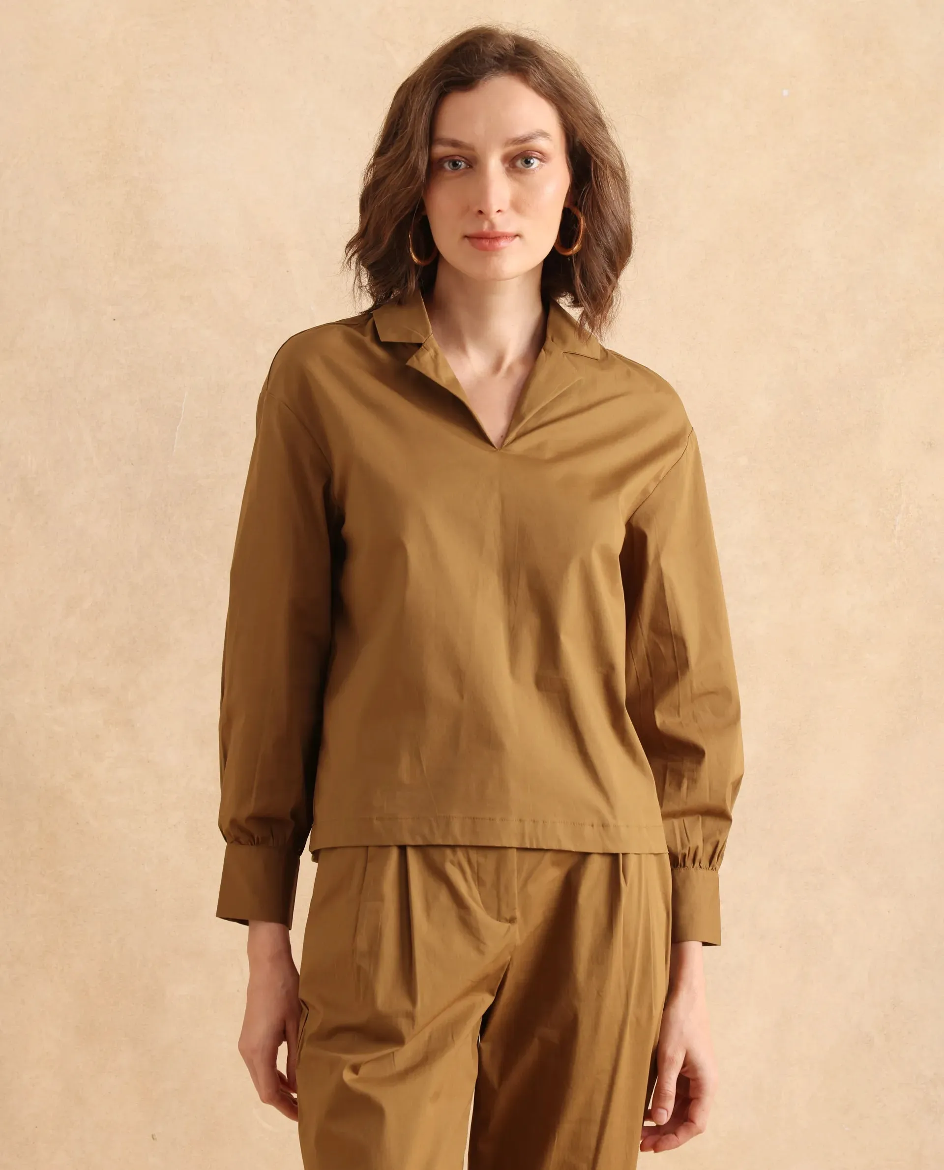 Rareism Women Uono Light Brown Cotton Blend Fabric Cuffed Sleeve Lapel Neck Plain Top