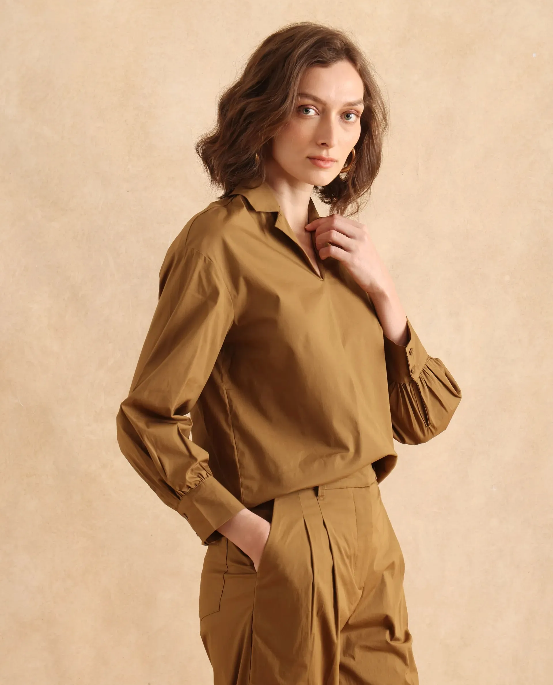 Rareism Women Uono Light Brown Cotton Blend Fabric Cuffed Sleeve Lapel Neck Plain Top