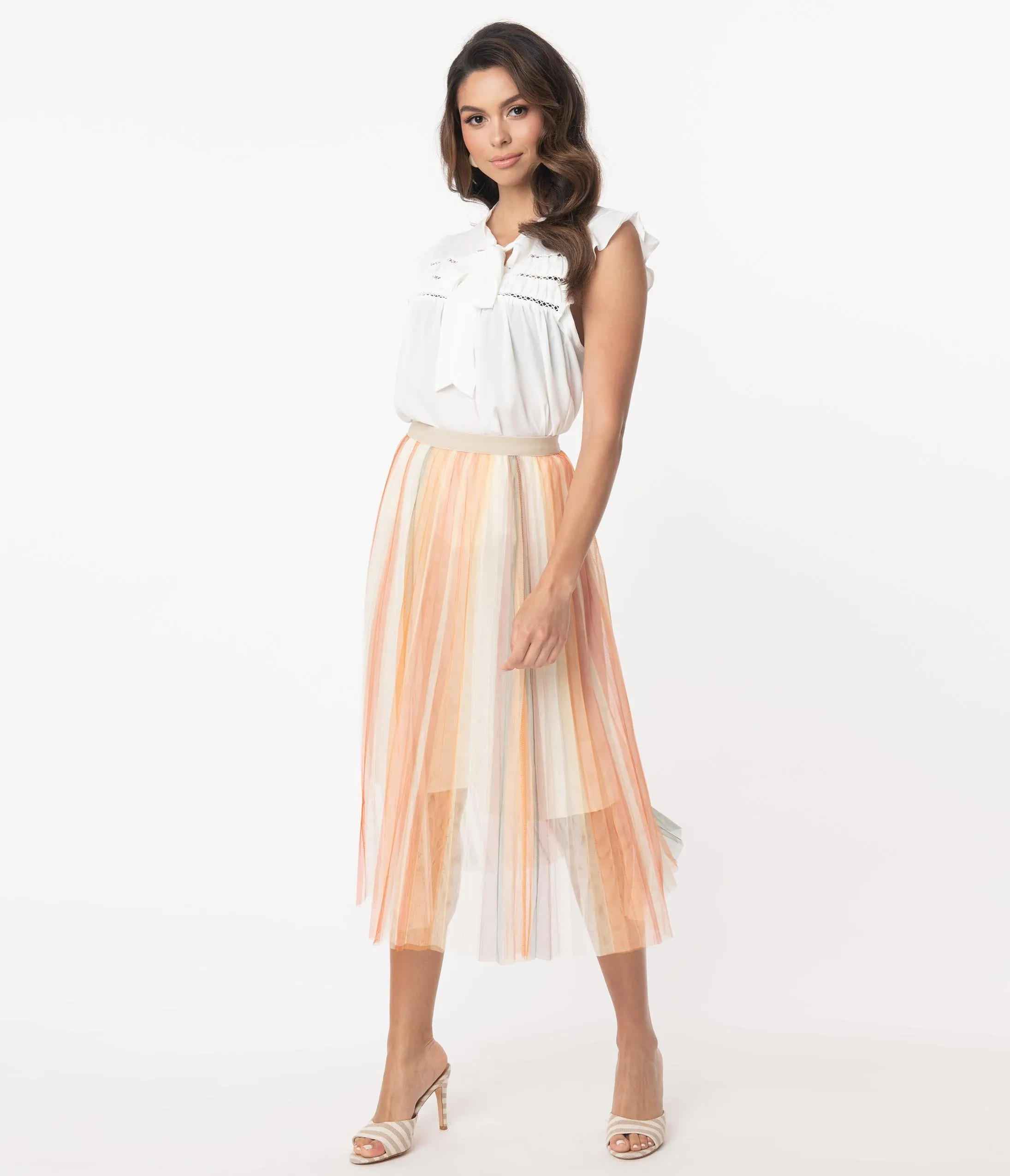 Retro Style Multicolor Stripe Pleated Tulle Skirt