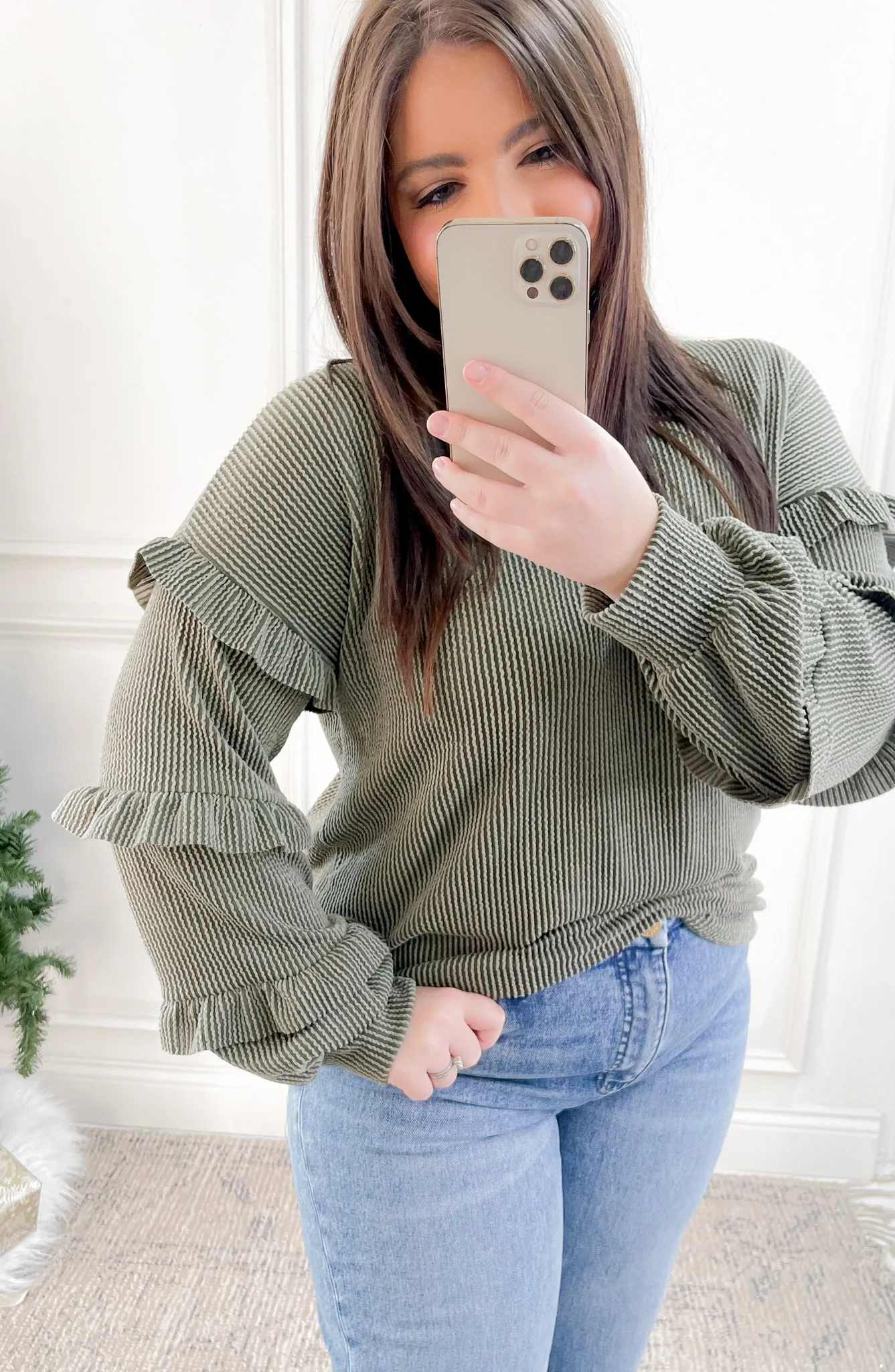 Ribbed Ruffle Detailed Long Sleeve Top