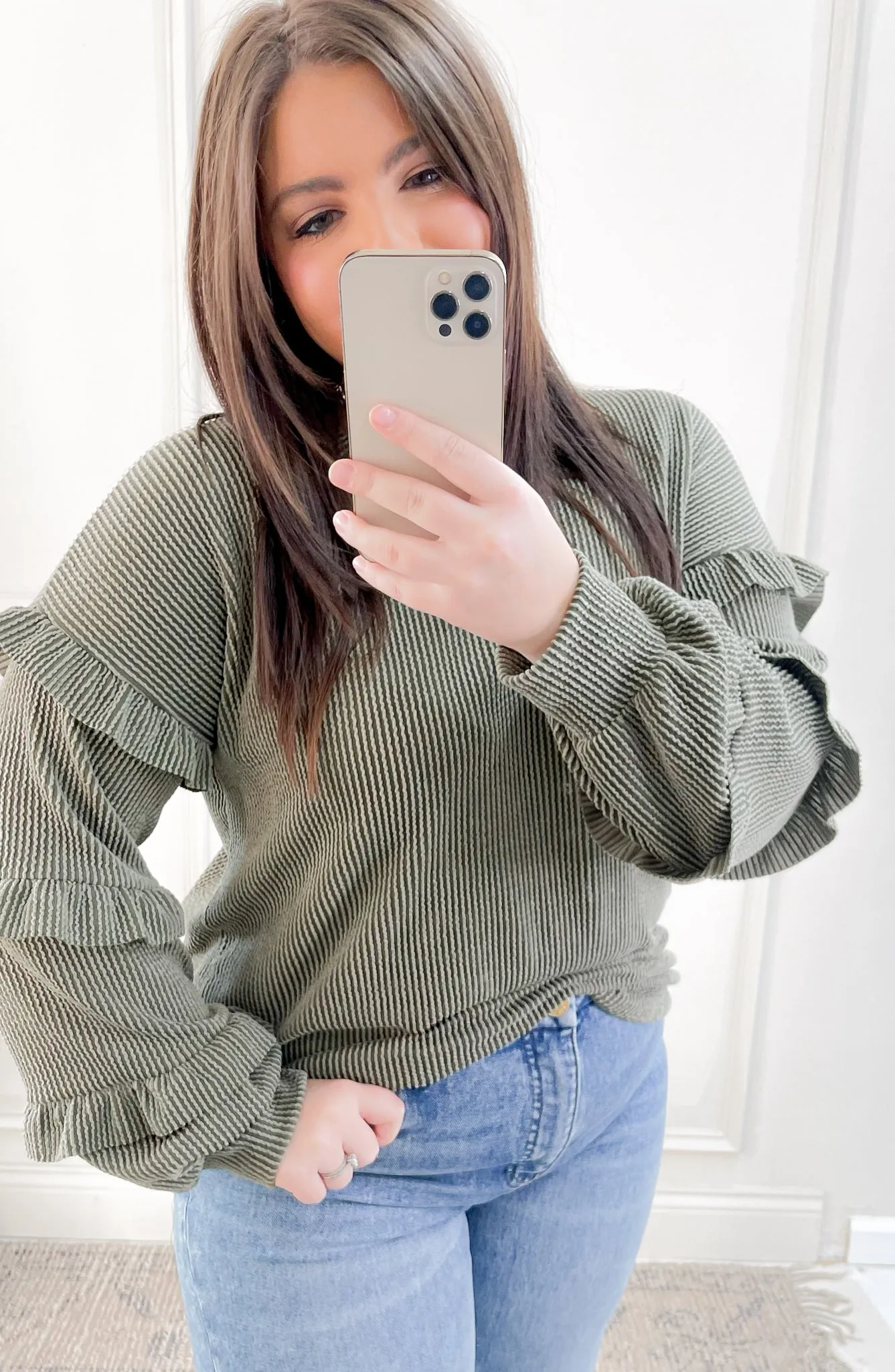 Ribbed Ruffle Detailed Long Sleeve Top