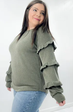 Ribbed Ruffle Detailed Long Sleeve Top