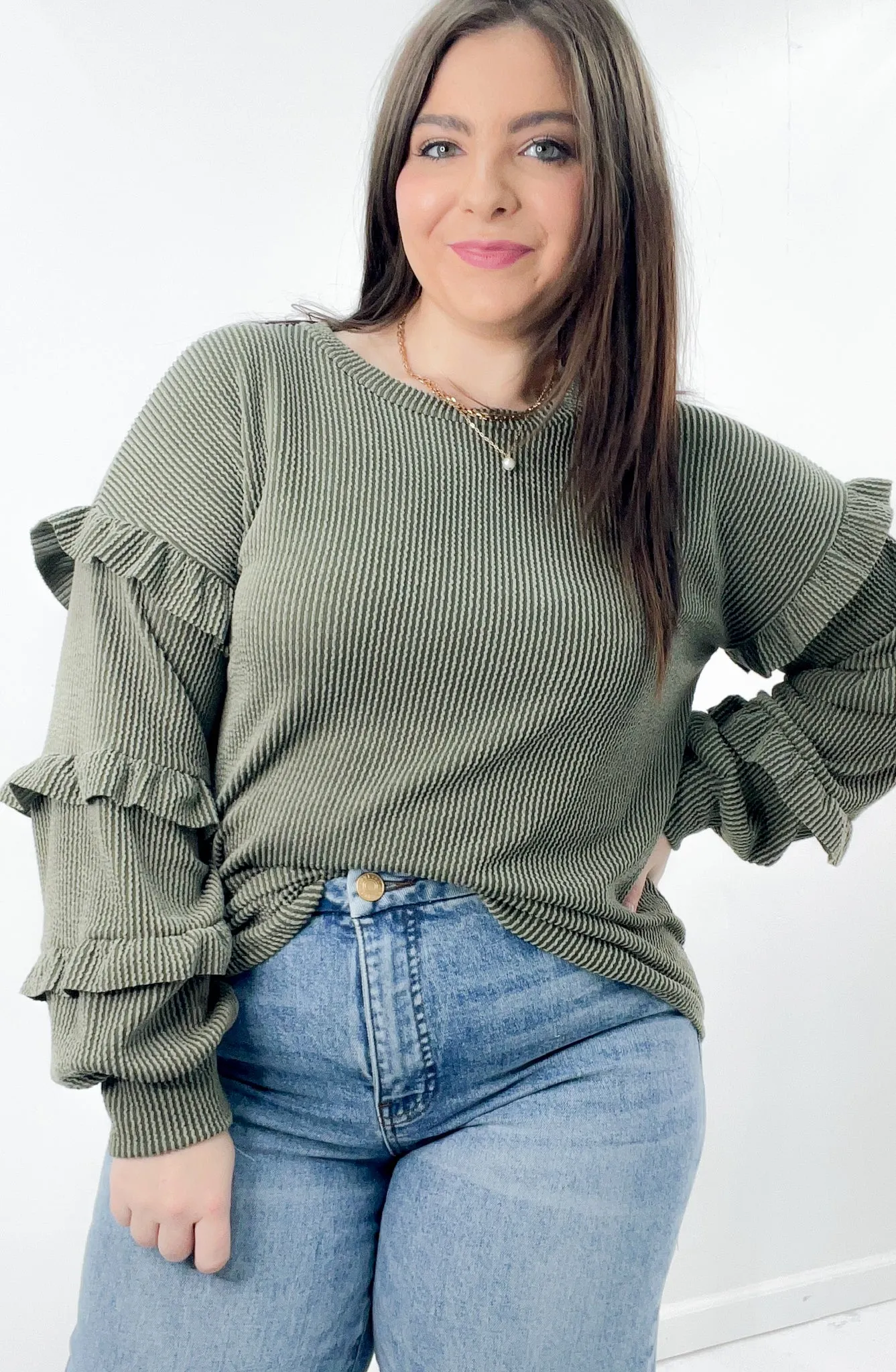 Ribbed Ruffle Detailed Long Sleeve Top