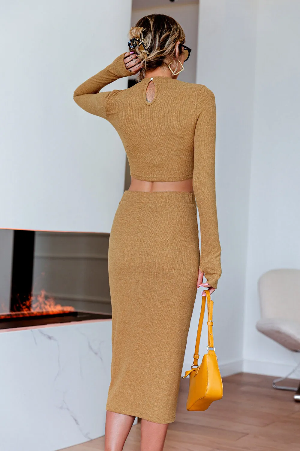 Round Neck Knit Cropped Top and Button Down Skirt Set