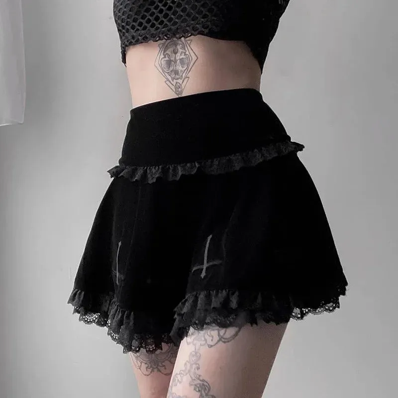 Sexy Lace Casual Gothic Stylish Embroidery Summer Trim Fashion Black Skirt