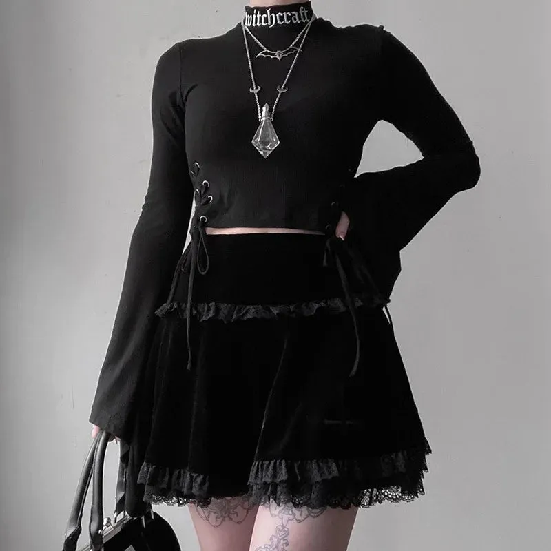 Sexy Lace Casual Gothic Stylish Embroidery Summer Trim Fashion Black Skirt