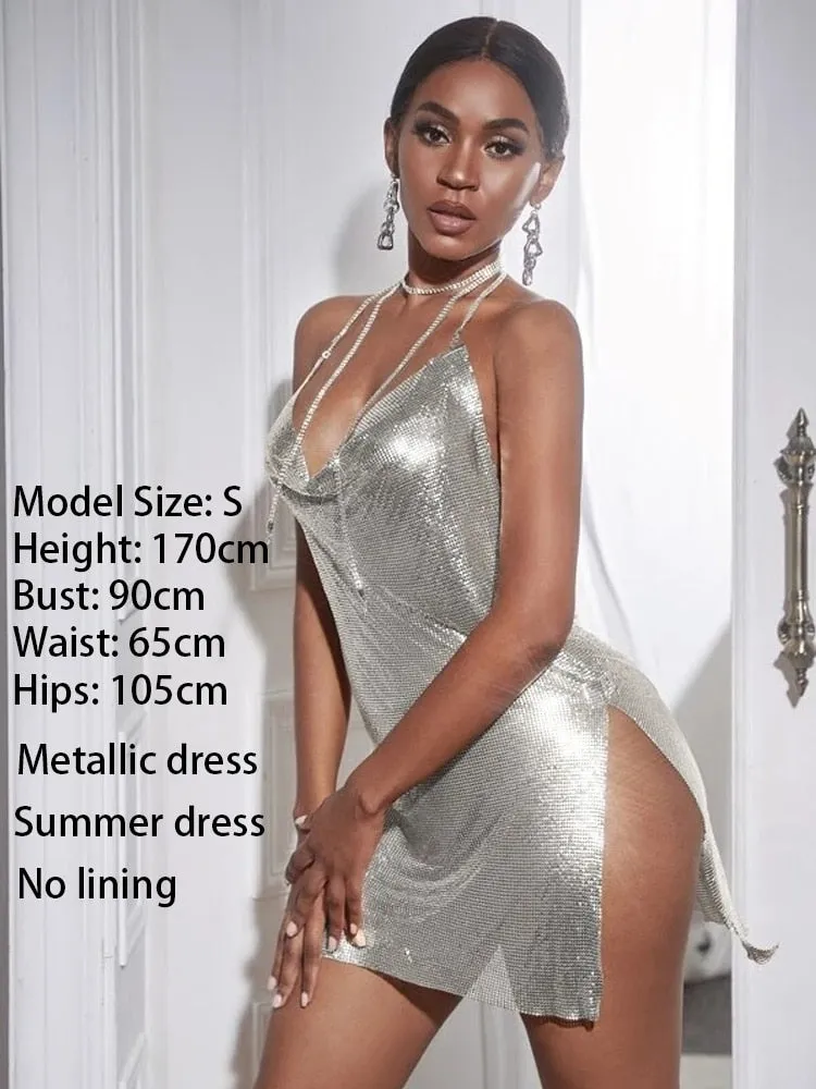 SRUBY Sexy Backless Metal Party Summer Dress Women Beach Night club Mini slip dress Glitter Sequin ladies Dresses  Christmas