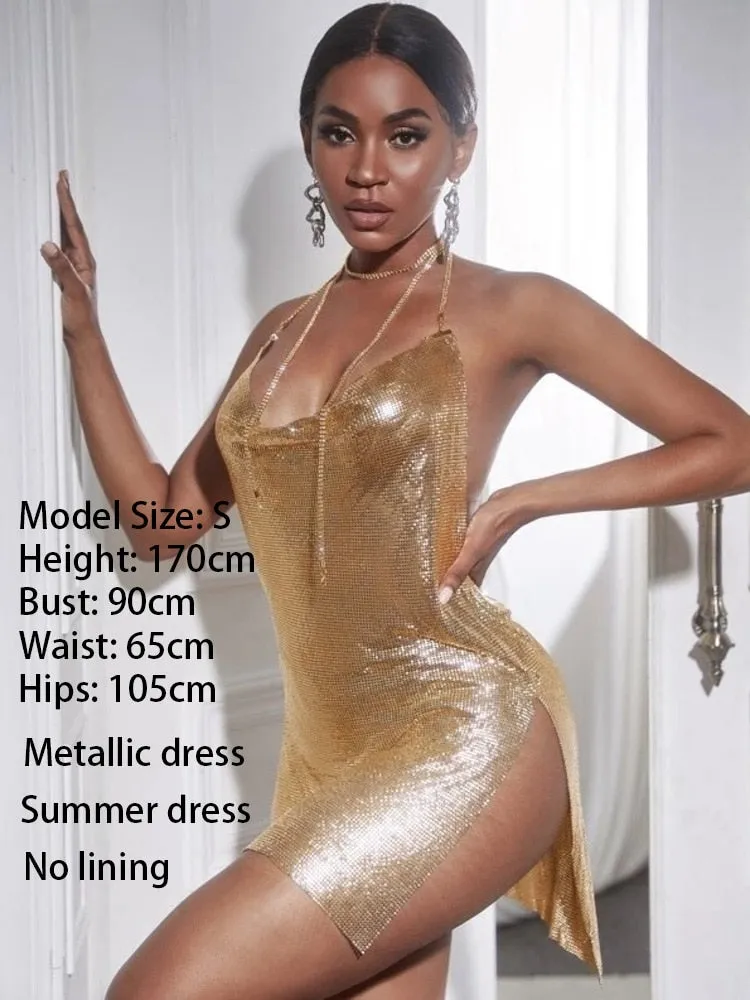 SRUBY Sexy Backless Metal Party Summer Dress Women Beach Night club Mini slip dress Glitter Sequin ladies Dresses  Christmas