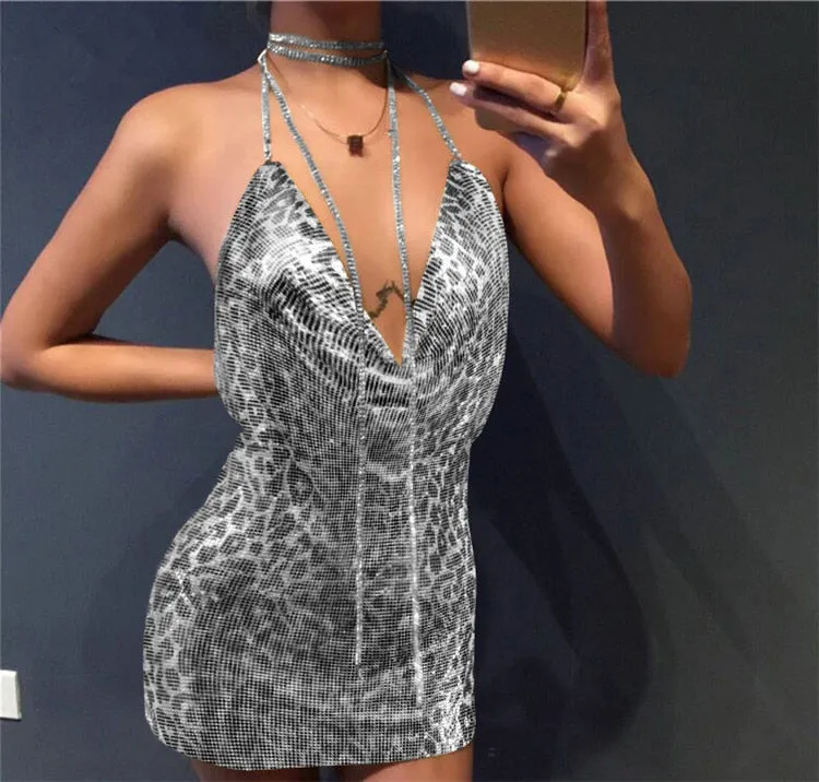 SRUBY Sexy Backless Metal Party Summer Dress Women Beach Night club Mini slip dress Glitter Sequin ladies Dresses  Christmas