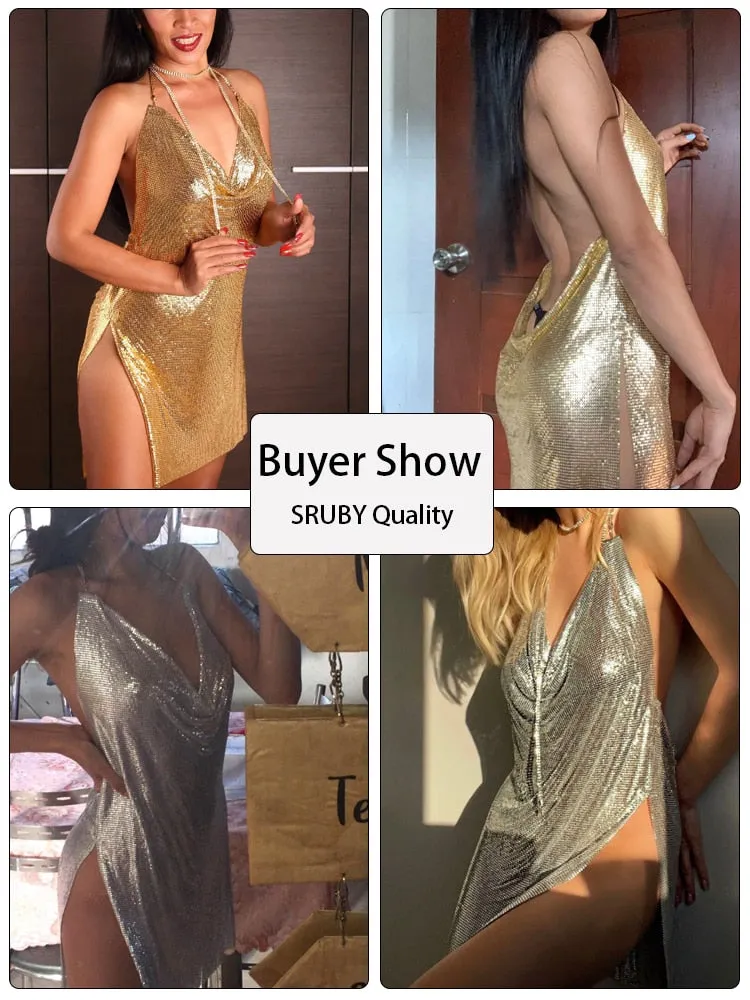 SRUBY Sexy Backless Metal Party Summer Dress Women Beach Night club Mini slip dress Glitter Sequin ladies Dresses  Christmas