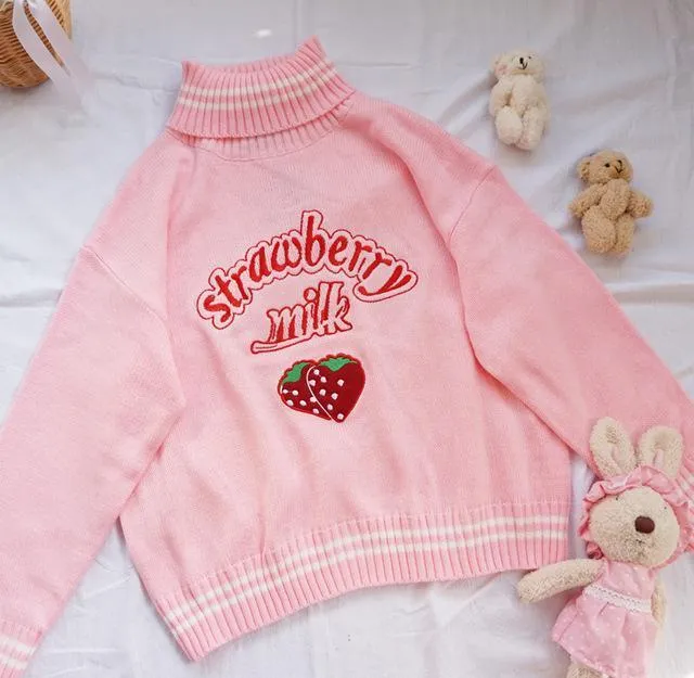 Strawberry Milk Turtleneck Knitted Sweater