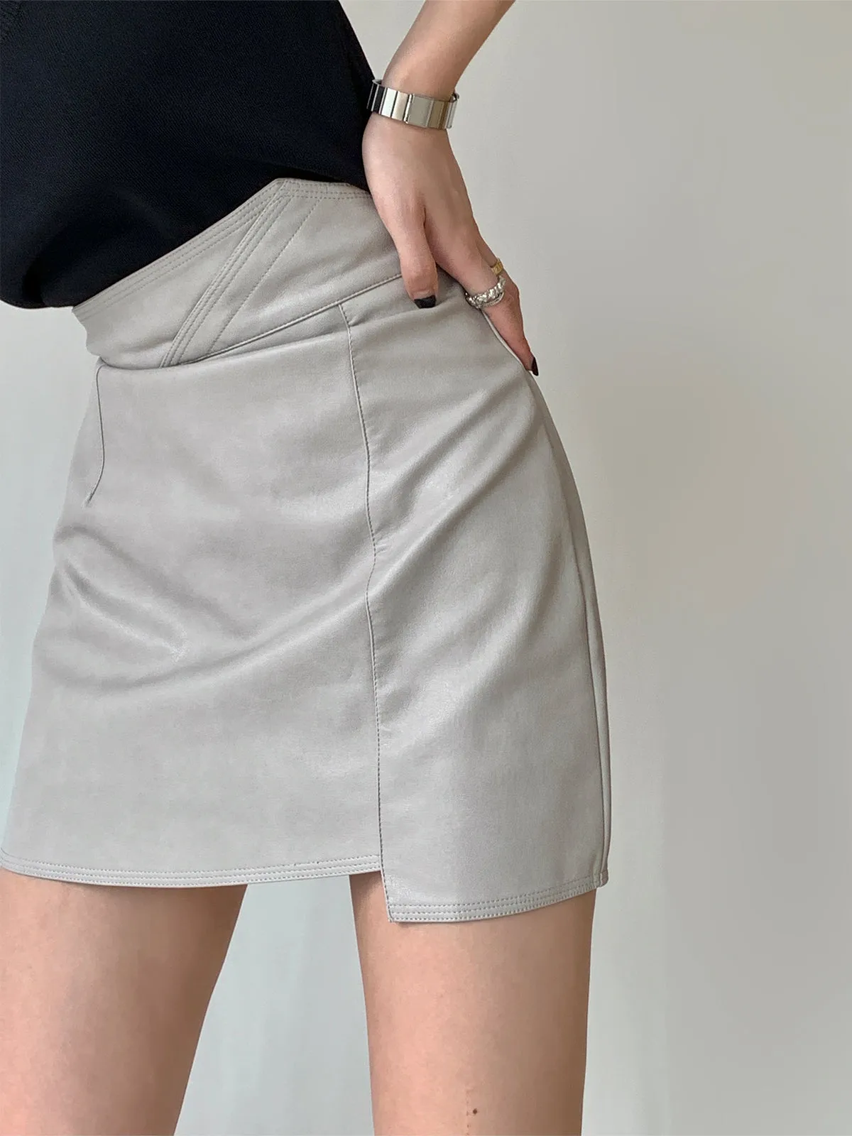 Stylish Vegan Leather Mini Skirt - Sliver Gray