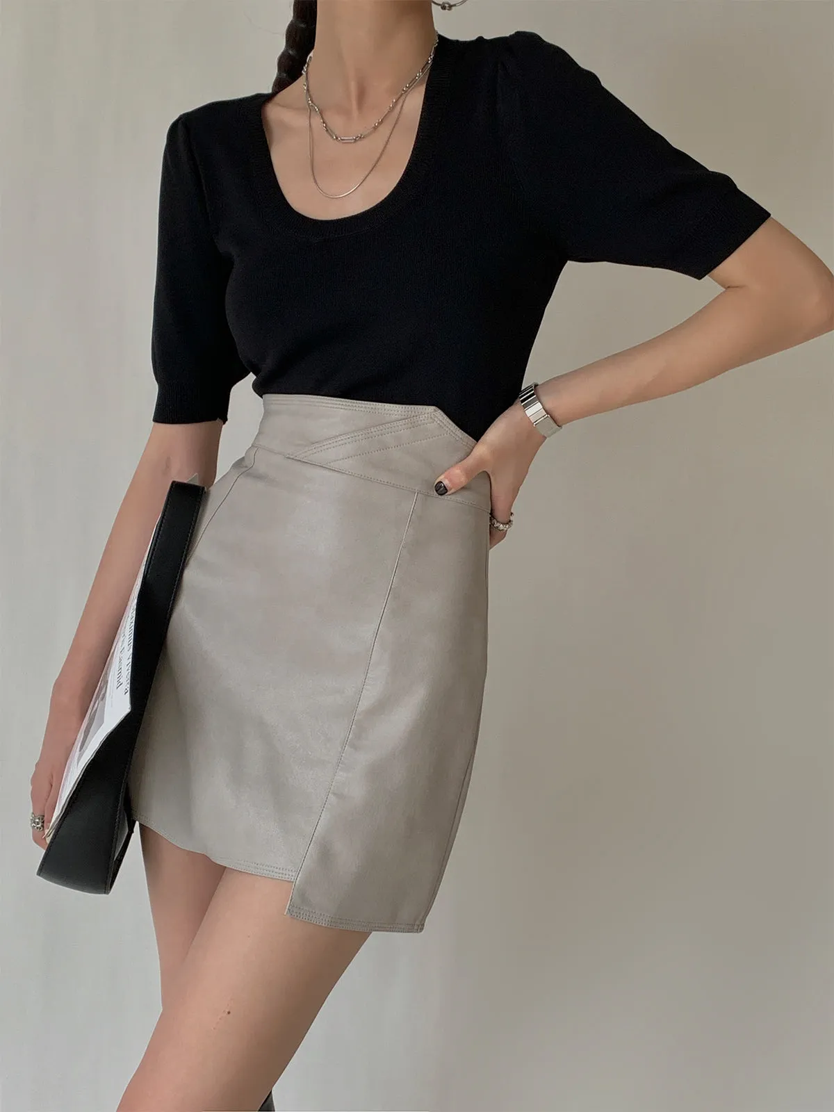 Stylish Vegan Leather Mini Skirt - Sliver Gray