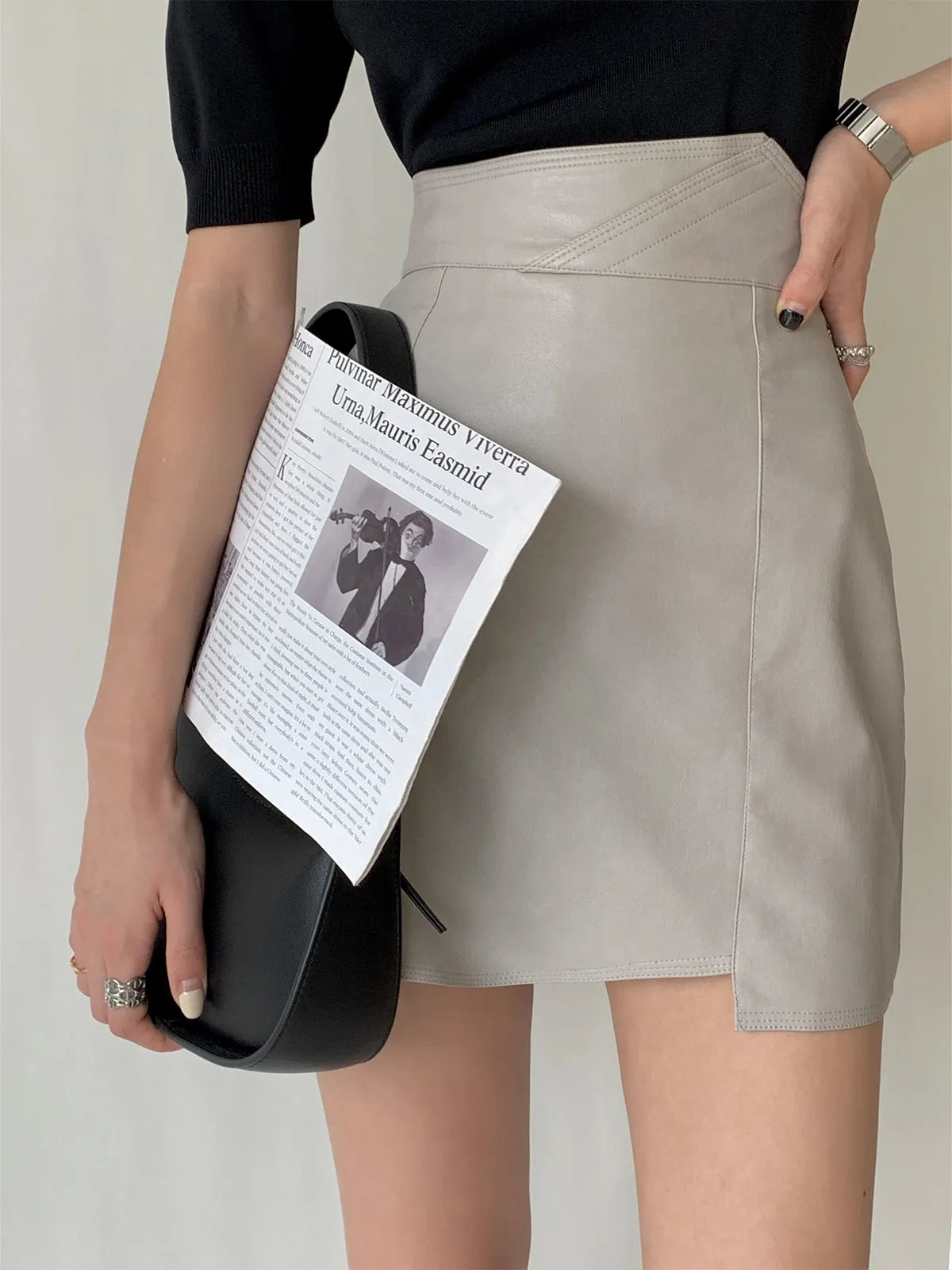 Stylish Vegan Leather Mini Skirt - Sliver Gray