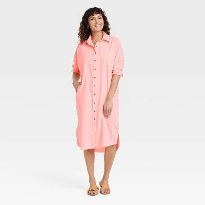 Universal Thread Women's Long Sleeve Button Down Shirt Midi Dress