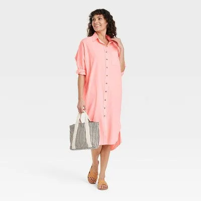 Universal Thread Women's Long Sleeve Button Down Shirt Midi Dress