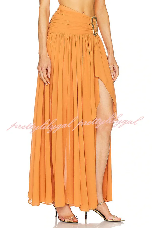 Vacation Chic Chiffon High Rise Flowy Asymmetrical Drape Maxi Skirt