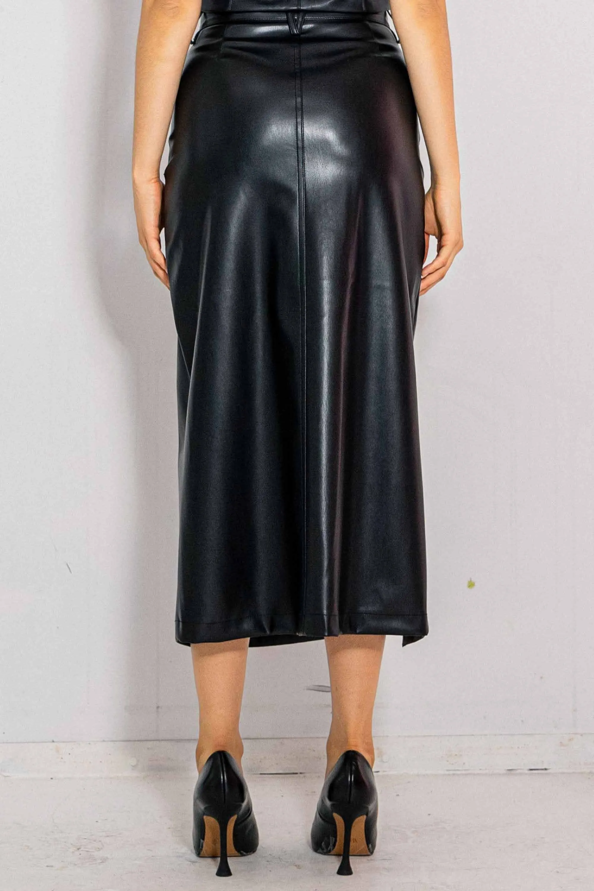 Vegan Leather Front Slit Column Skirt